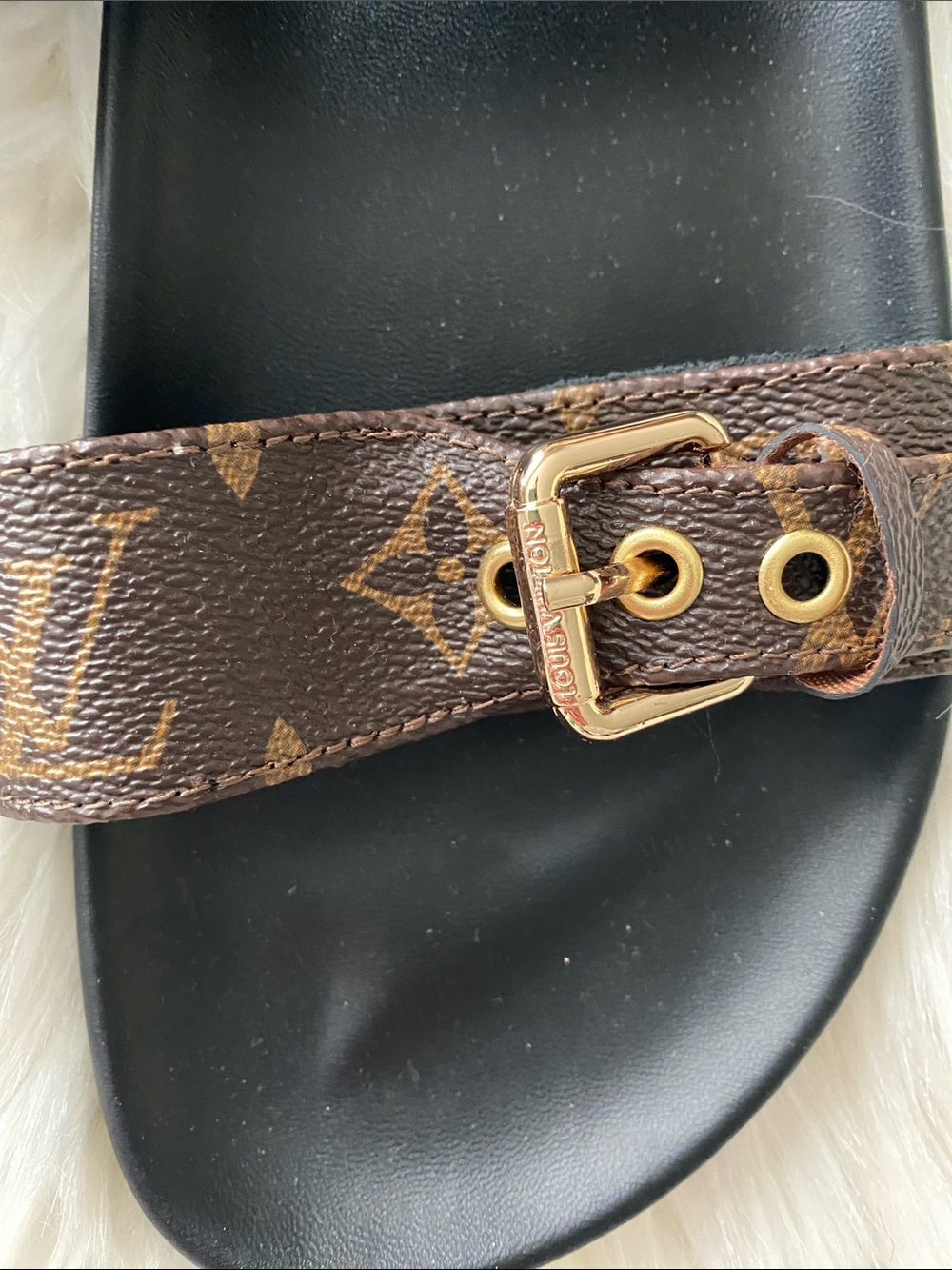 Louis Vuitton Monogram Double Buckle Slides - Brown & Black with Gold Hardware - Picture 4 of 10